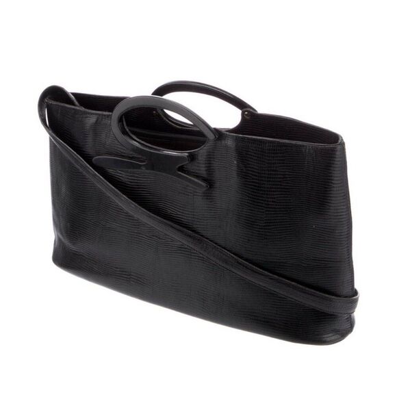 genny italy Authentic Lizard Leather Solid Black Shoulder Bag - Picture 3 of 9